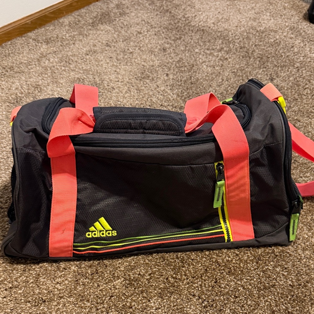 adidas Black Duffel with Coral Straps and Neon Yellow Accents